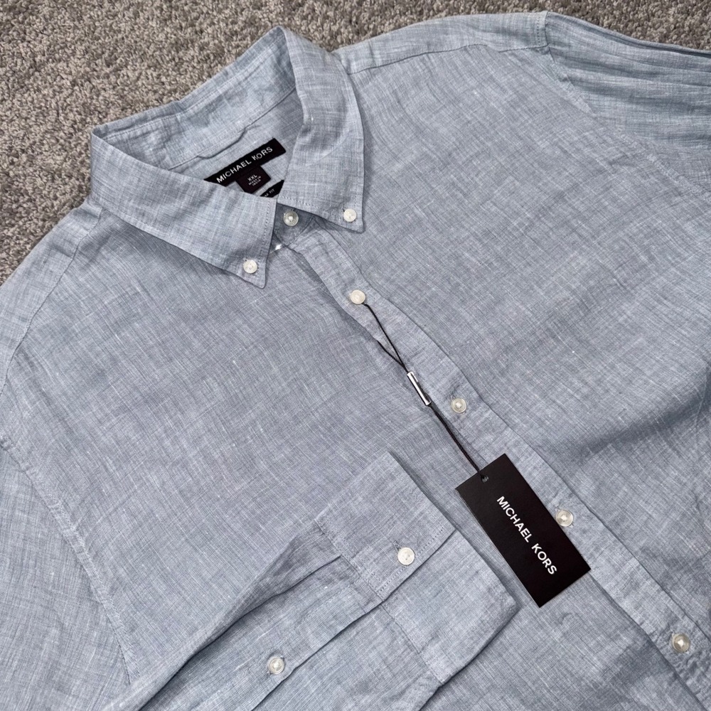 Michael Kors Button Down Shirt Mens Slim Fit 100% Linen Chambray Blue XXL NEW